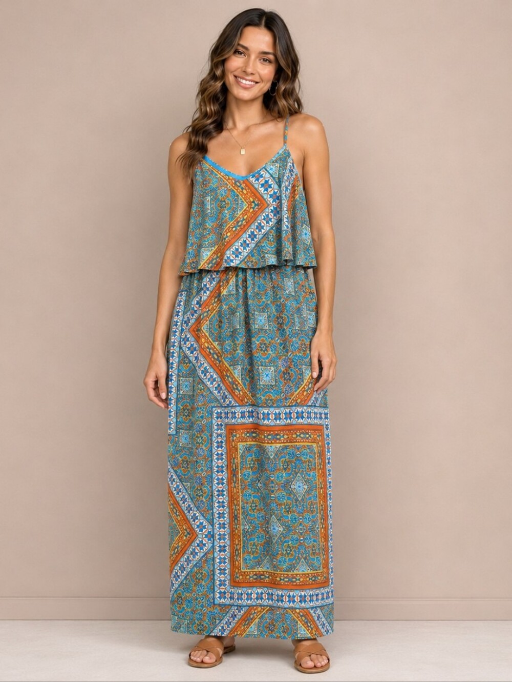Love Riche Turquoise Orange Scarf Print Wide Leg Jumpsuit Size S A291